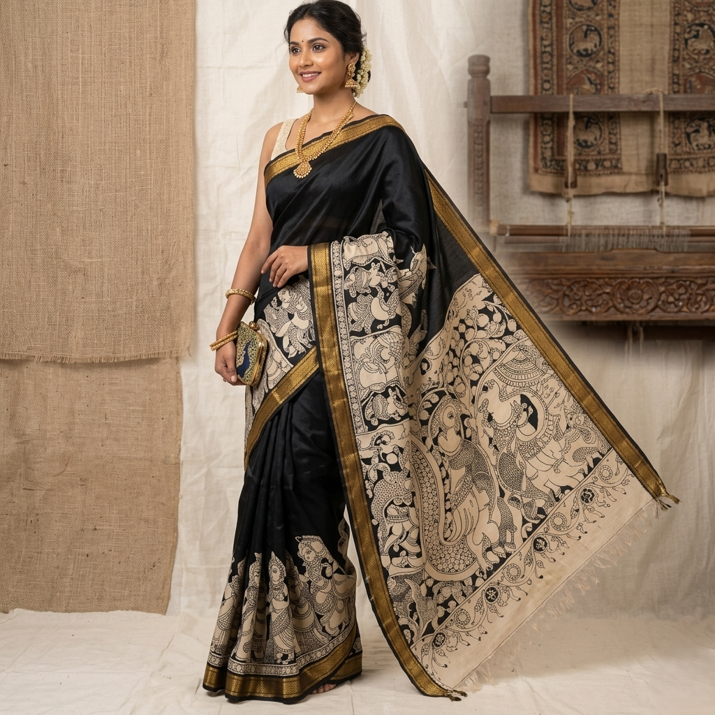 midnight black pure chanderi silk saree with historical kalamkari art and golden zari border