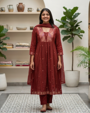 3pcs Brick Red Cotton Dress With NeckWork