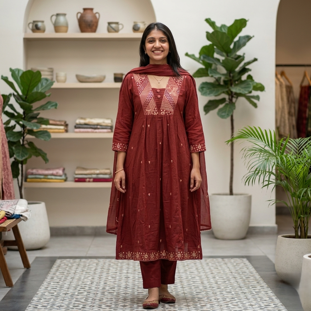 3pcs Brick Red Cotton Dress With NeckWork
