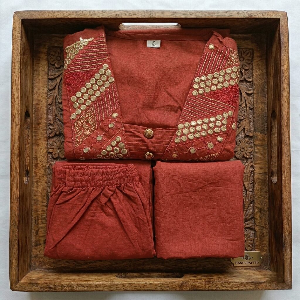 3pcs Brick Red Cotton Dress with NeckWork