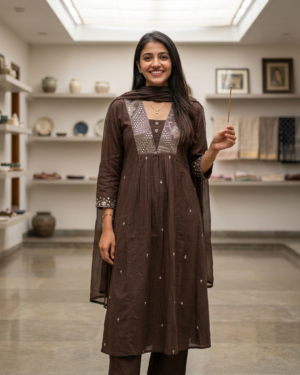 3pcs Brown Cotton Dress with NeckWork