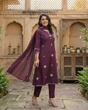 3pcs Purple Dress with Thread Embroidery Work