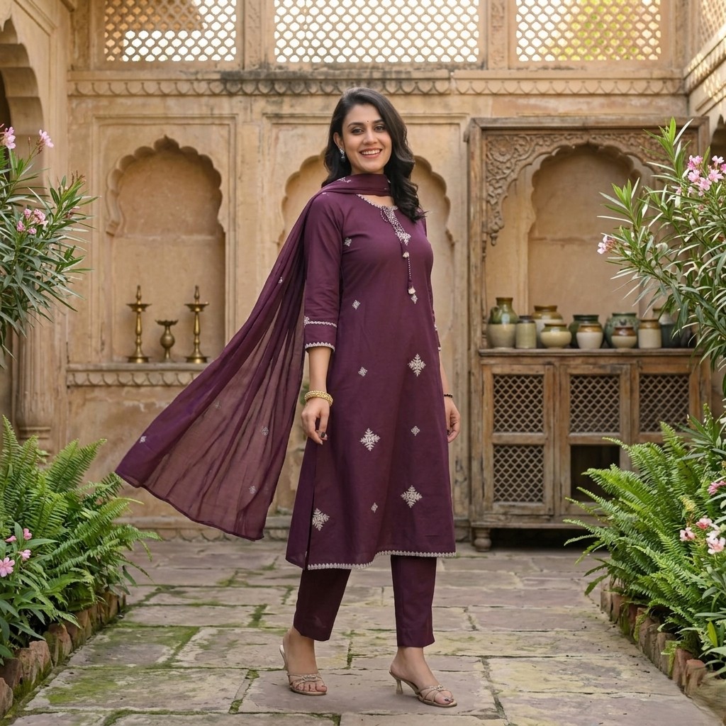 3pcs Purple Dress with Thread Embroidery Work