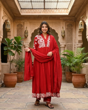 3pcs Red Cotton Dress with Embroidery Work