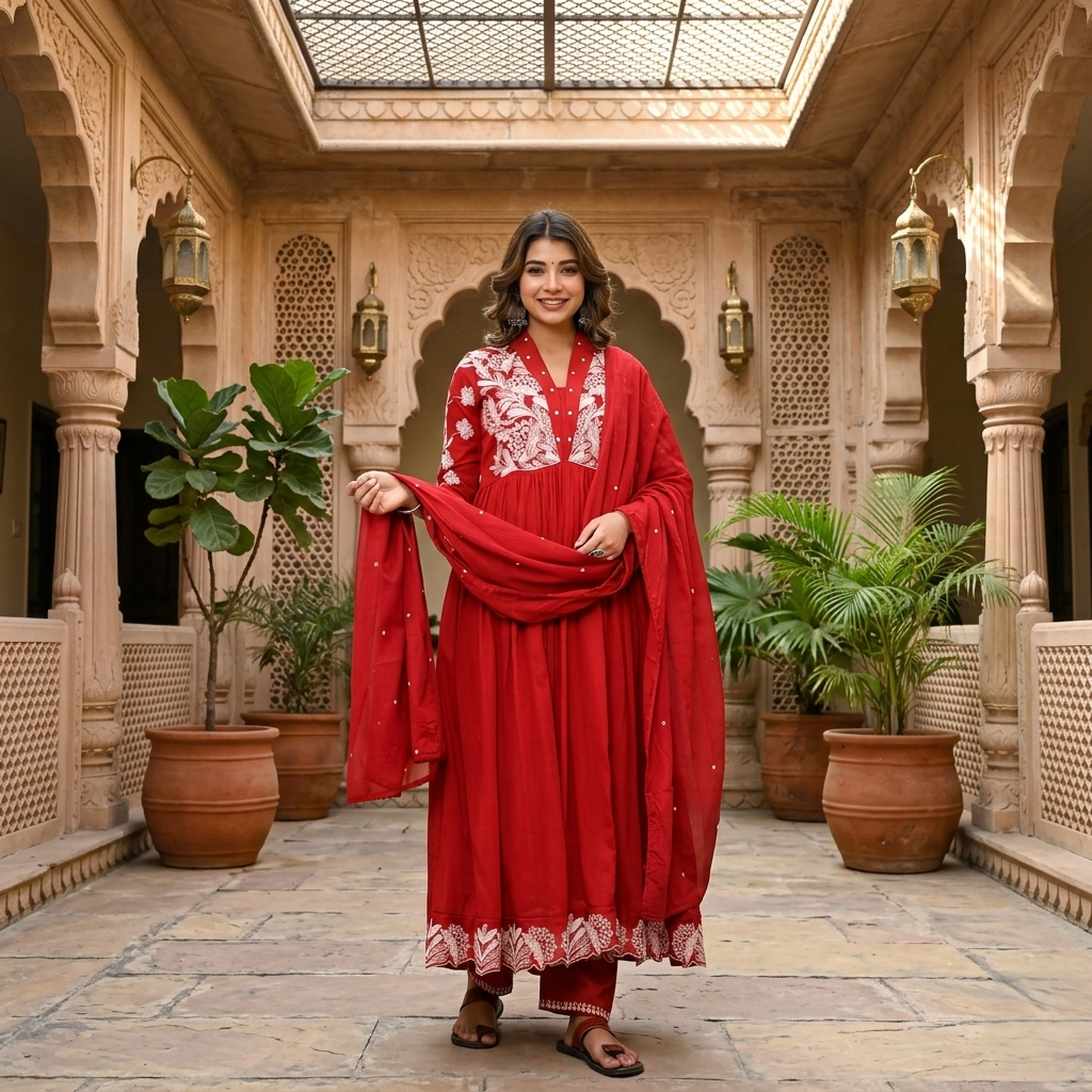 3pcs Red Cotton Dress with Embroidery Work