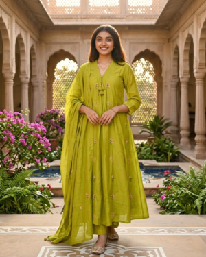 Cotton Mehndi Green 3 piece Set with Embroidery Work
