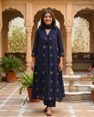 Cotton Navy Blue 3 Piece Set with Embroidery Work