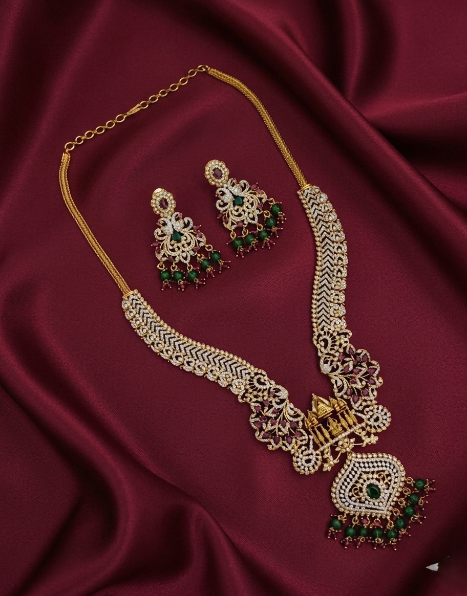 elegant cz matt stones necklace with emerald