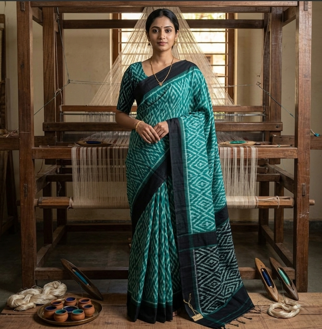 elegant pochampally ikat pure cotton saree with zigzag weave.