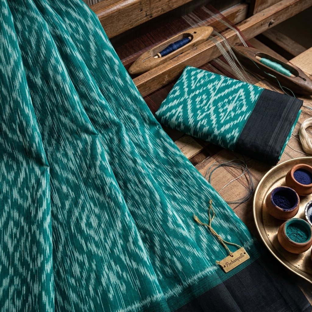 elegant pochampally ikkat pure cotton saree with zigzag weave.