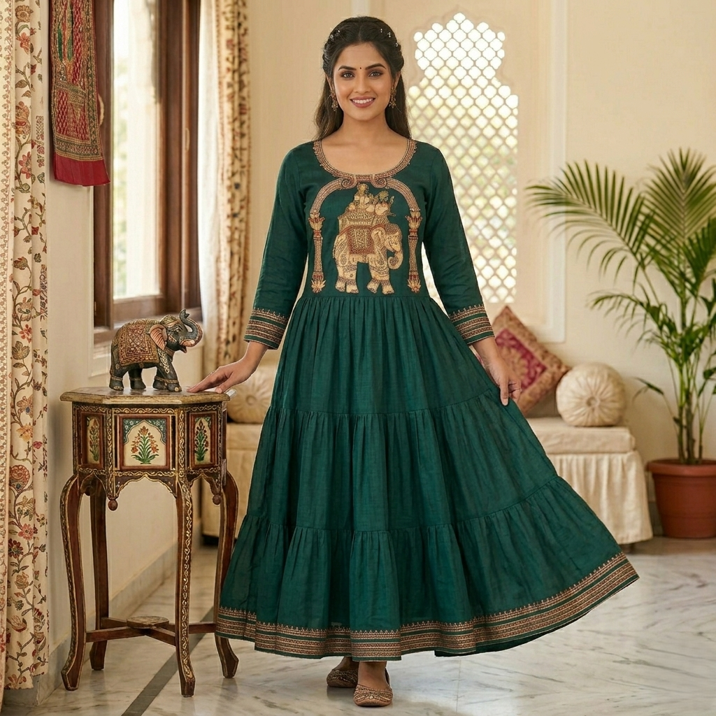 elephant zari thread work with long kurthi