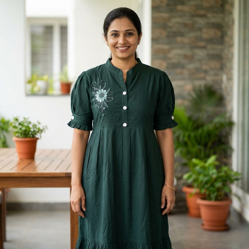 Elegant Knee length Kurthi - Bottle Green.