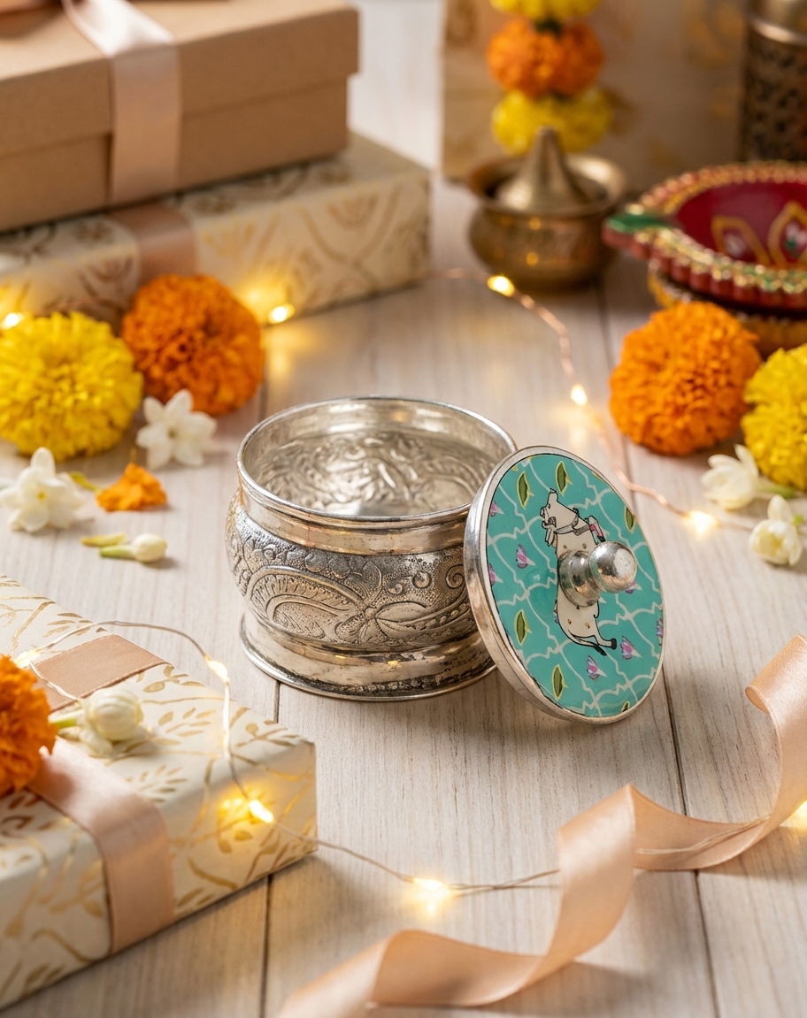 enchanting german silver kumkum box with meenakari cow motif