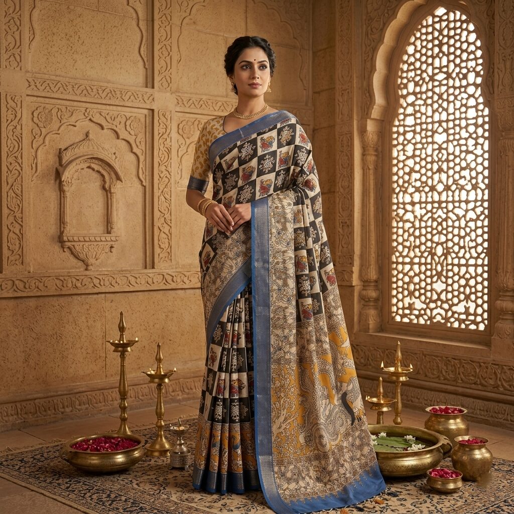 Majestic Kalamkari Muggu Saree with Blue border