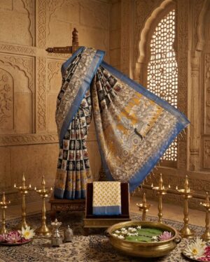 Majestic Kalamkari Muggu Saree with Blue border