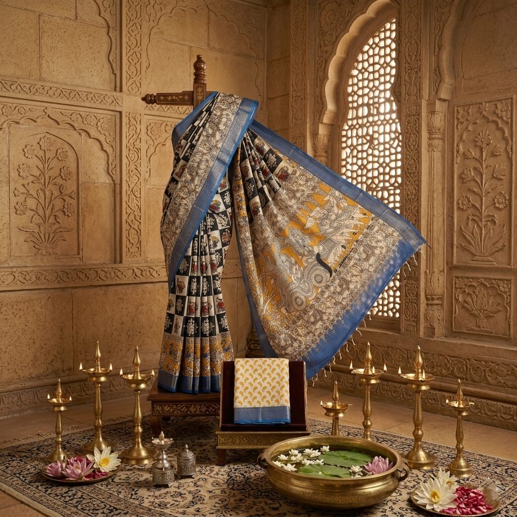Majestic Kalamkari Muggu Saree with Blue border