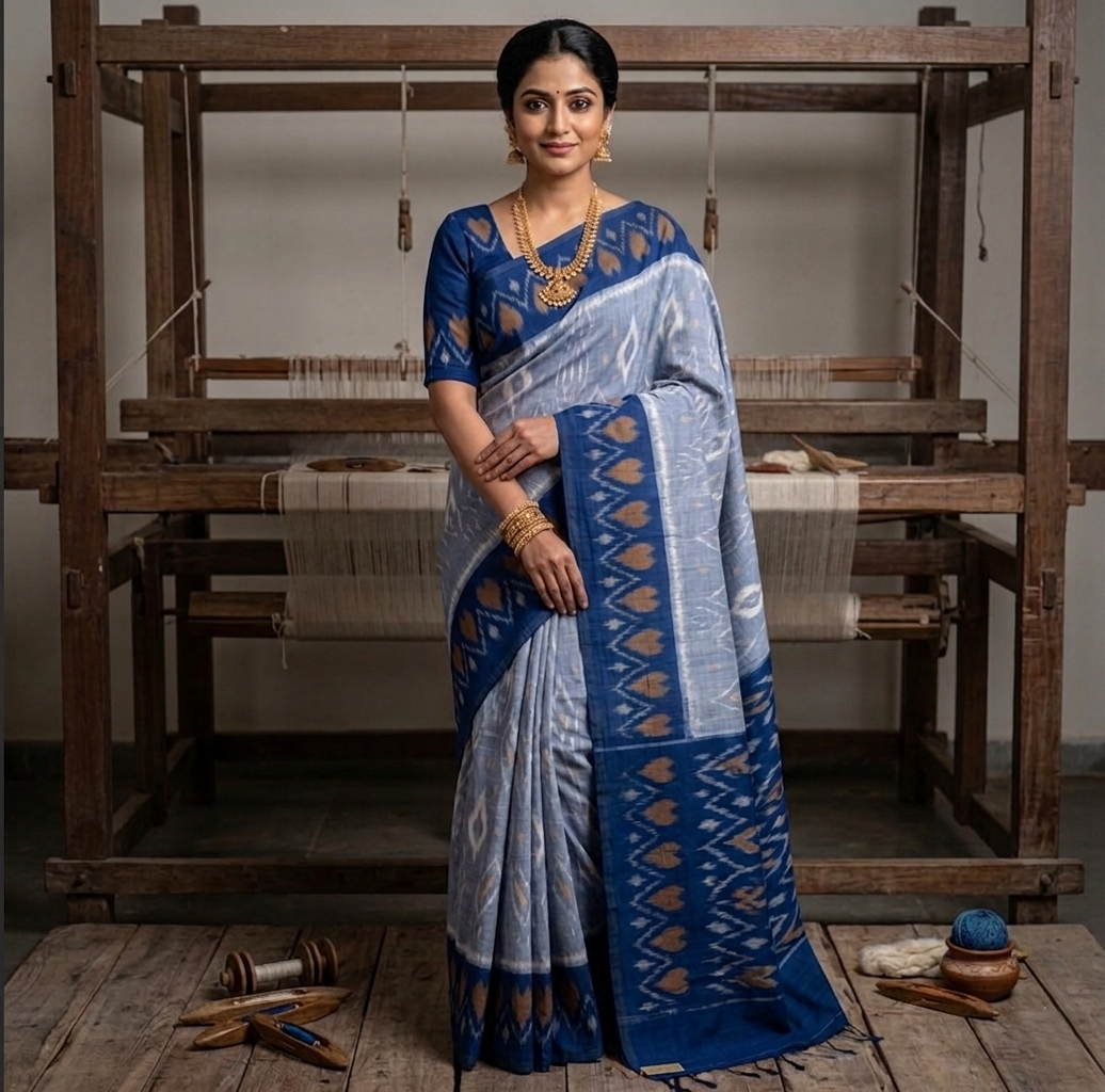 pochampally ikat pure mercerized cotton saree in lavender & indigo blue with heart motif border