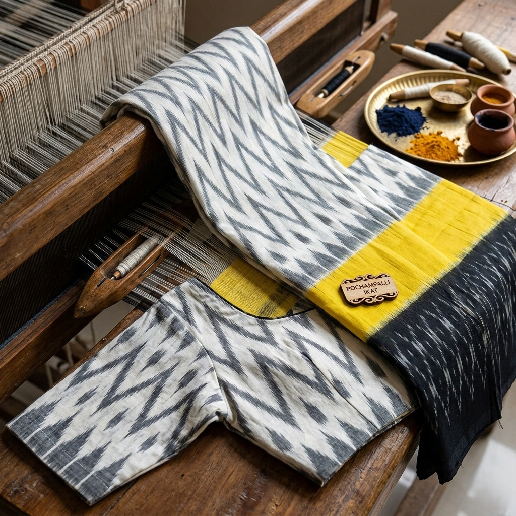mercerized pochampally ikat pure cotton saree in sunshine yellow, black & white zigzag weave