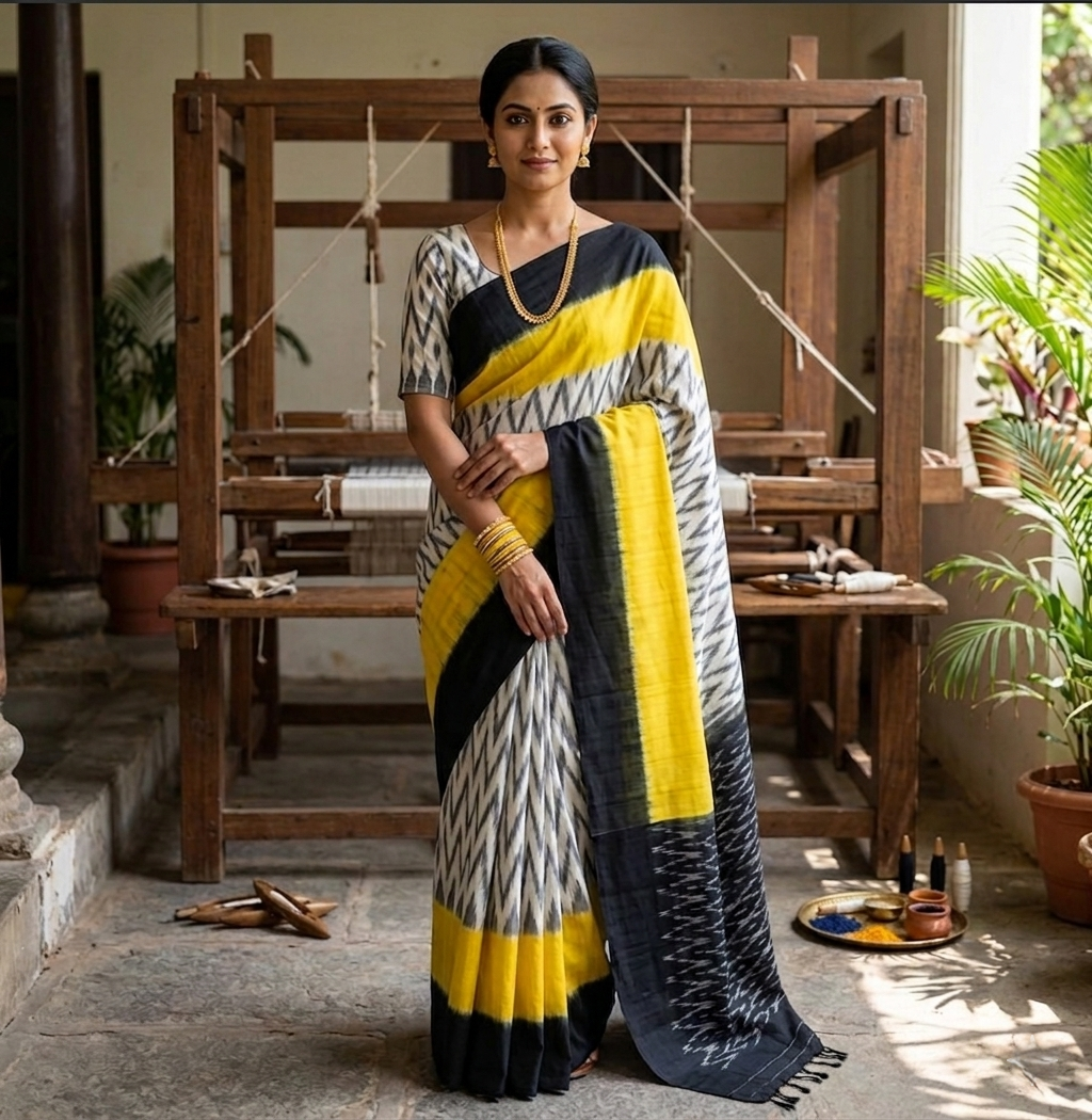 mercerized pochampally ikat pure cotton saree in sunshine yellow, black & white zigzag weave
