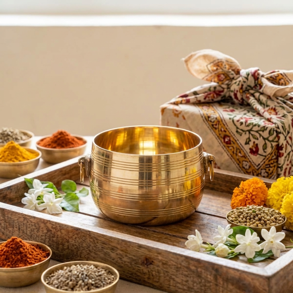 exquisite brass prasadam bowl with elegant handle