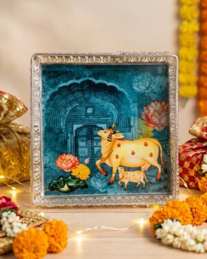 exquisite german silver cow & calf meena artwork square tray