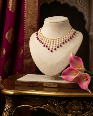 Gold-Finish Necklace with Ruby and Pearl Drops