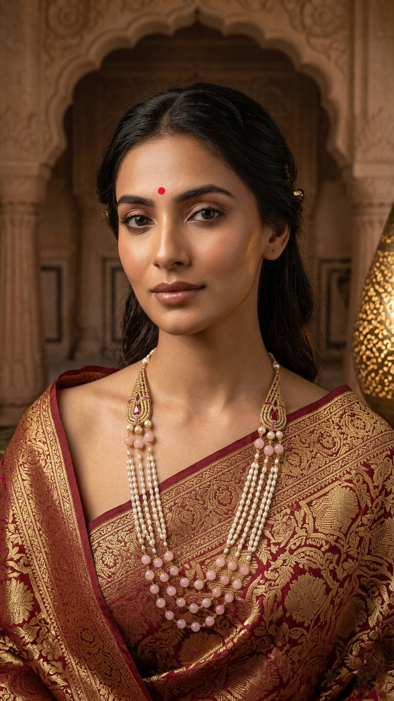 Elegant Triple-Layered Pearl and Pink Bead Necklace - Image 3