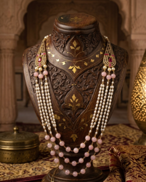 Triple-Layered Pearl and Pink Bead Necklace