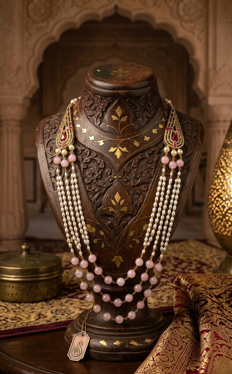 Triple-Layered Pearl and Pink Bead Necklace