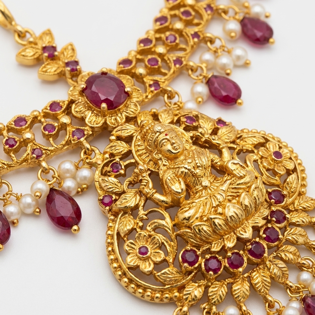 exquisite gold toned temple maang tikka with ruby accents