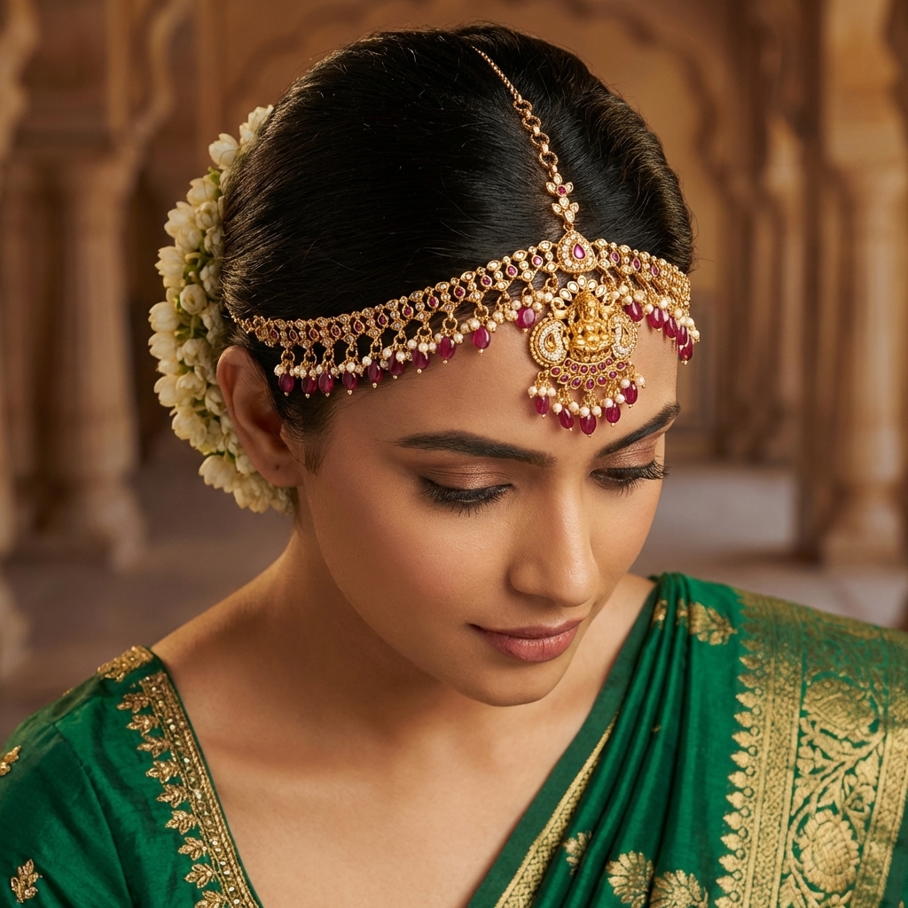 exquisite gold toned temple maang tikka with ruby accents