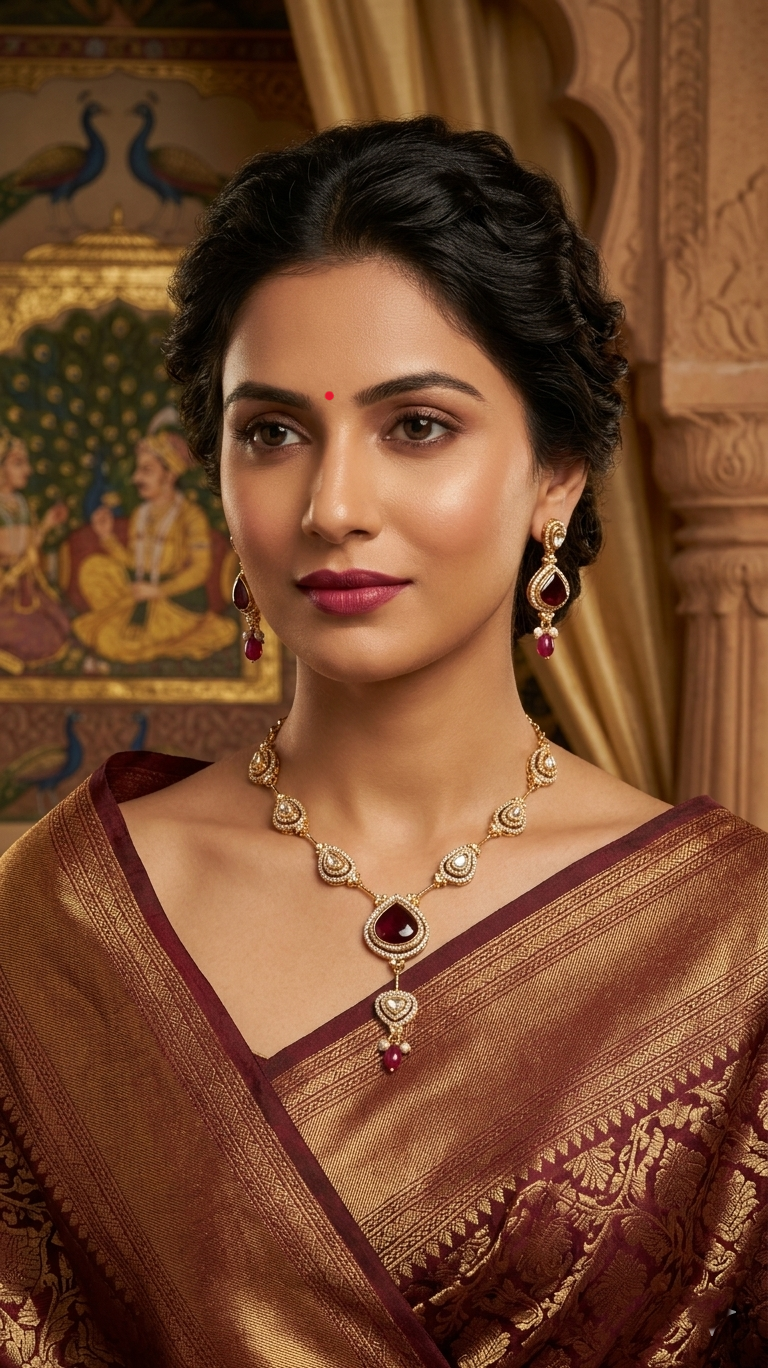 elegant gold toned necklace set with ruby red highlights