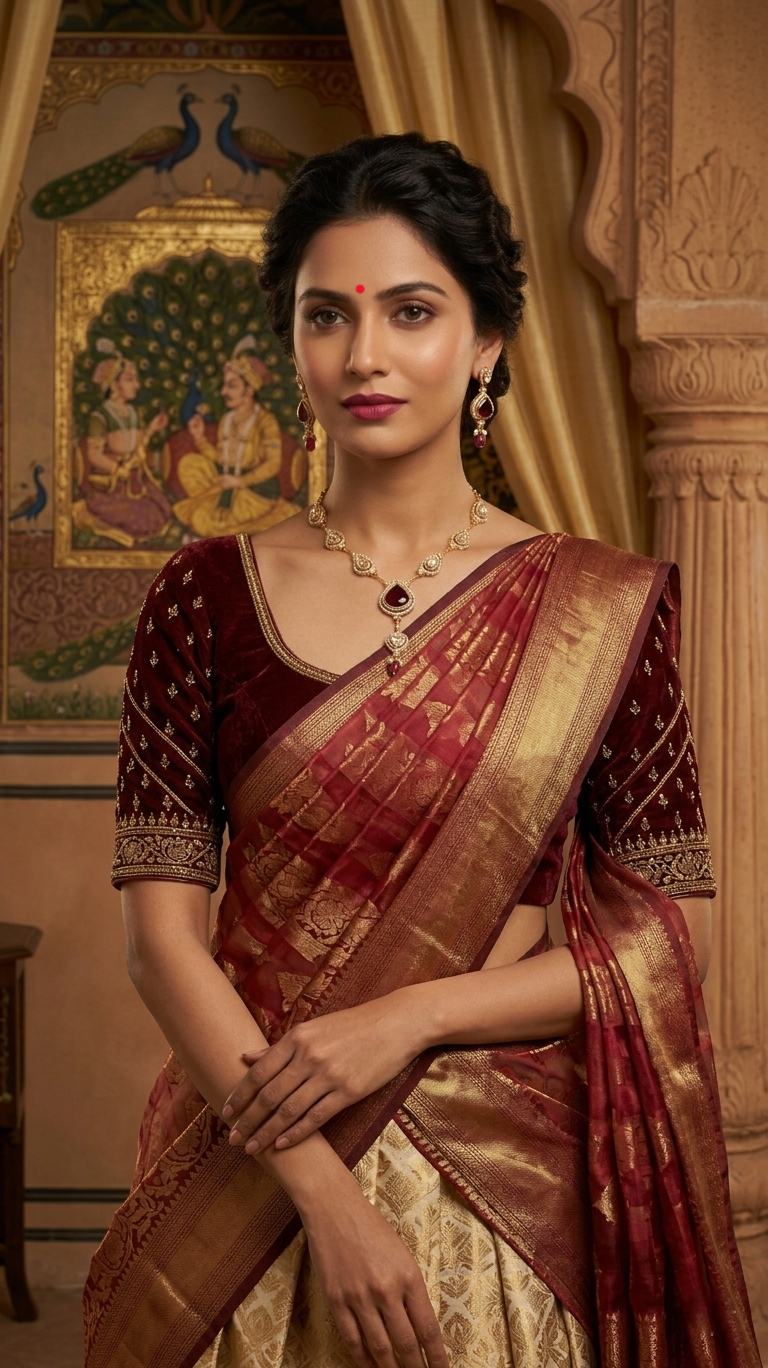 elegant gold toned necklace set with ruby red highlights