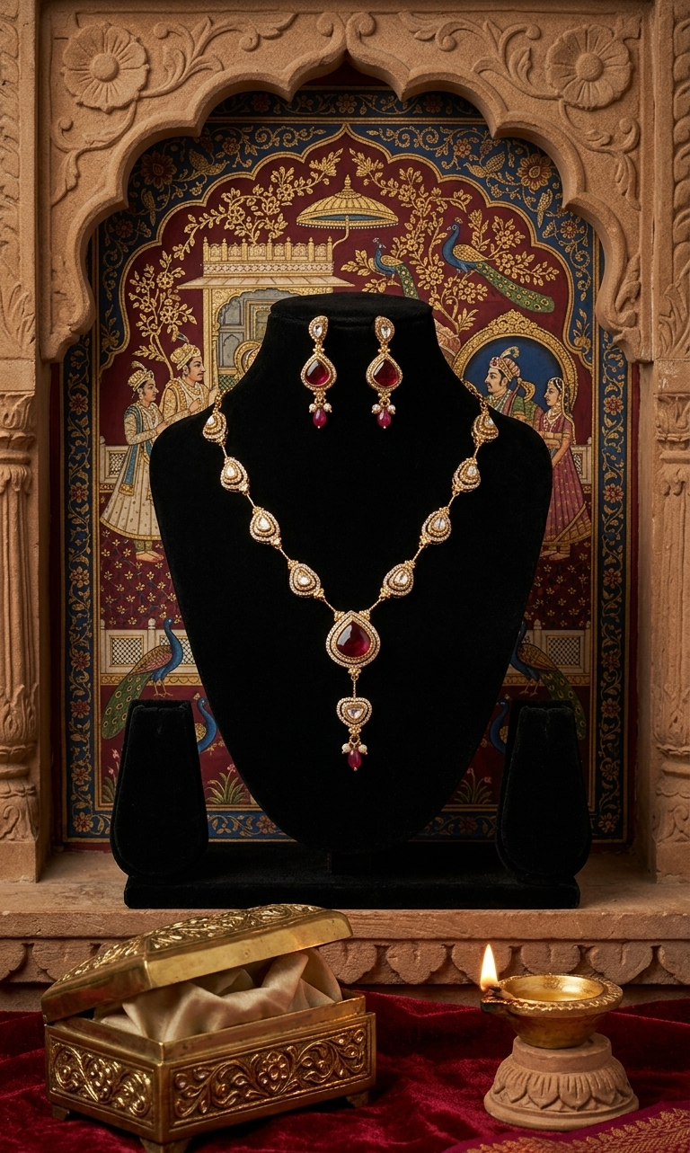 CZ Matt Gold-Toned Necklace Set with Ruby Red