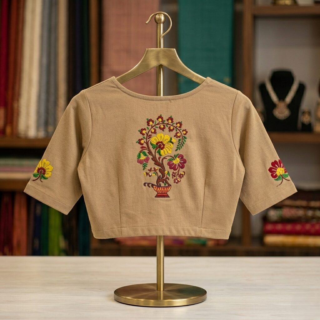 A beige stretchable saree blouse displayed on a gold hanger stand, featuring a colorful printed floral tree motif on the back and small floral prints on the sleeves.