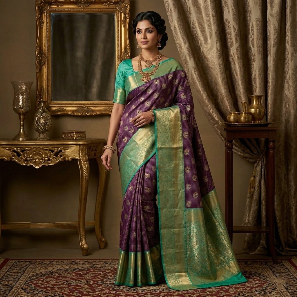 Breathtaking Deep plum purple Semi Pattu Saree