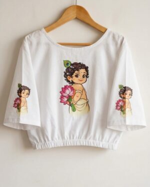 Charming Little Krishna Printed White Crop Blouse