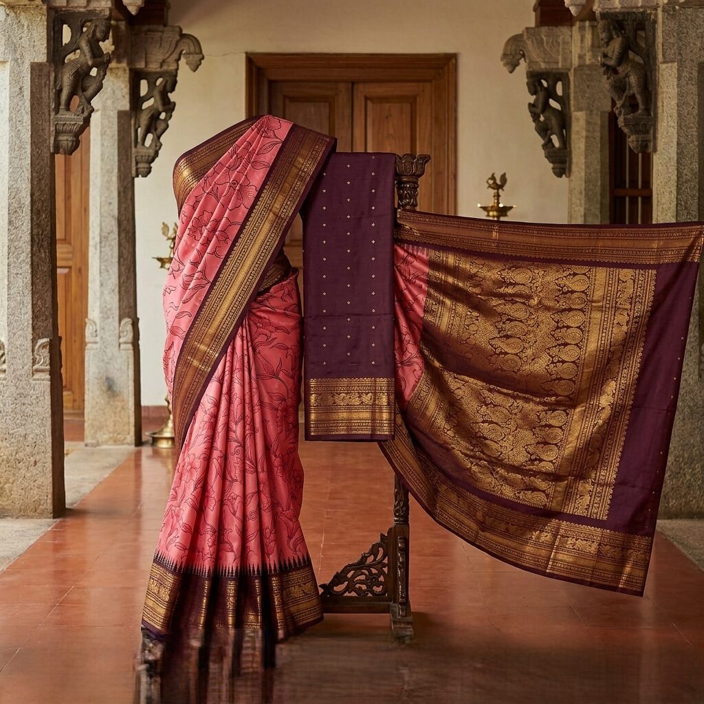 Elegant Peach-Pink Gadwal Silk Saree with Contrast Wine-Purple Zari Border and Floral Motifs
