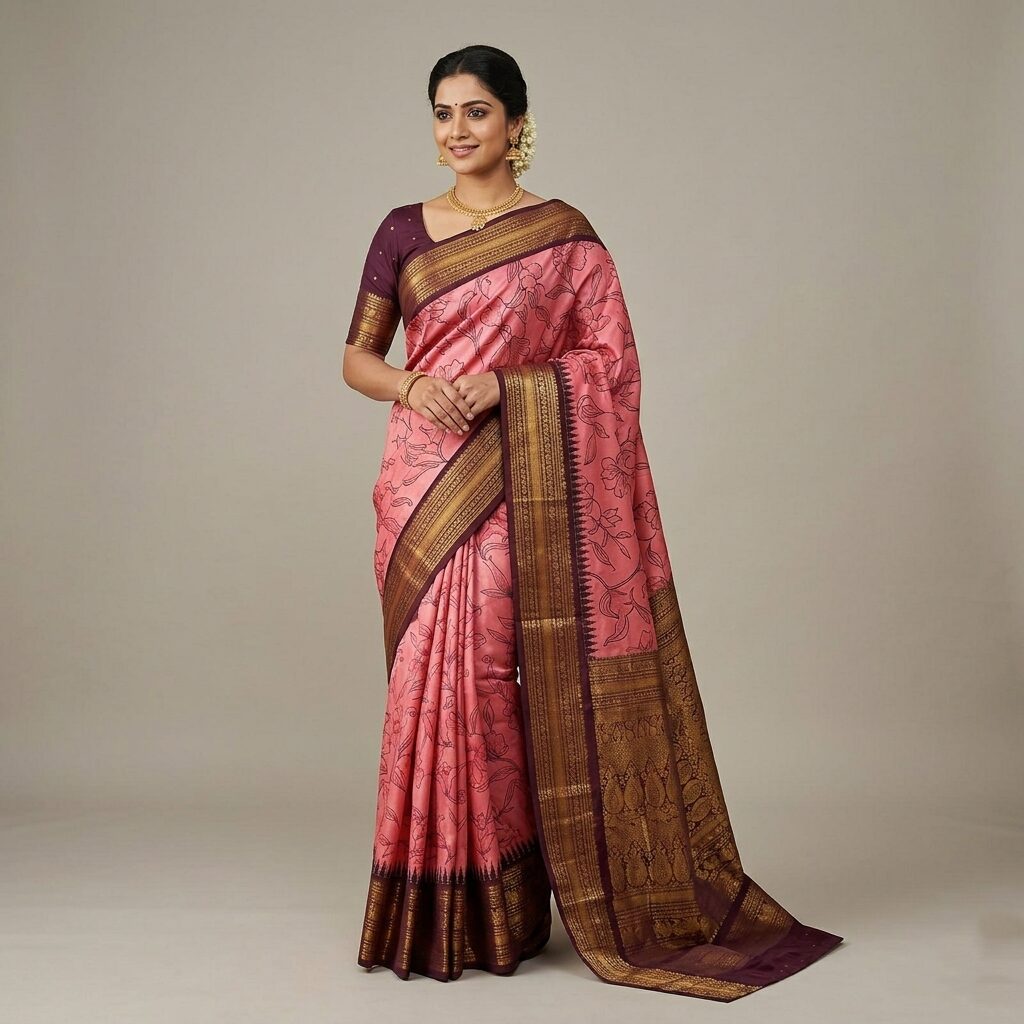 Elegant Peach-Pink Gadwal Silk Saree with Contrast Wine-Purple Zari Border and Floral Motifs