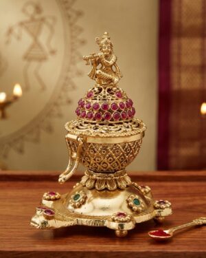 Exquisite Gilded Krishna Kumkum Holder with Jewel Accents