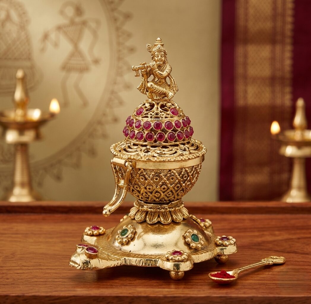 Exquisite Gilded Krishna Kumkum Holder with Jewel Accents
