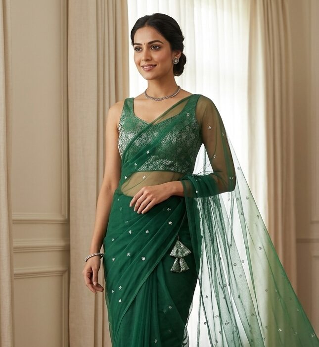 Elegant Green Banarasi Brocade Blouse for Saree - Image 3
