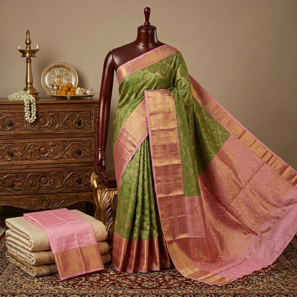 A luxury Dharmavaram semi pattu saree in olive green and baby pink with rich gold zari work, draped on a mannequin in a studio setting.
