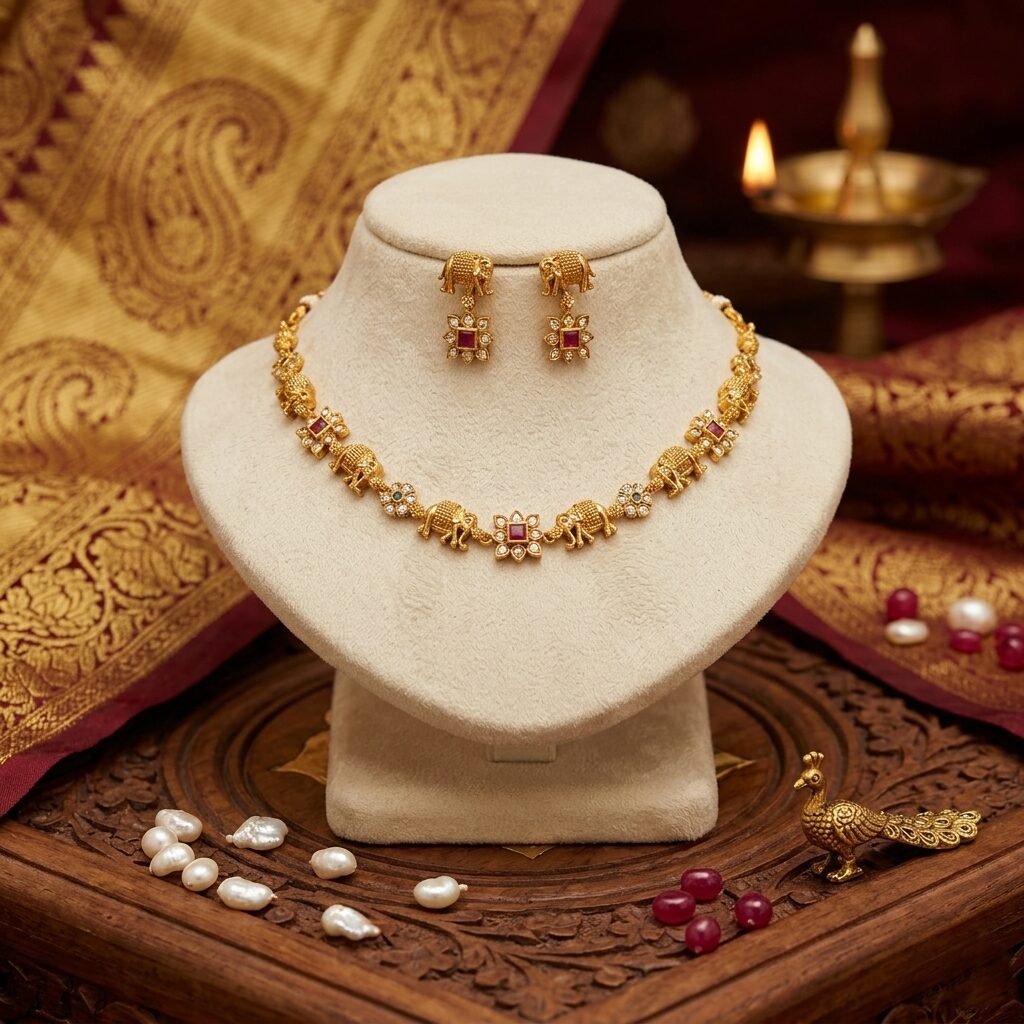 Majestic Antique Gold-Plated Elephant Motif Necklace Set