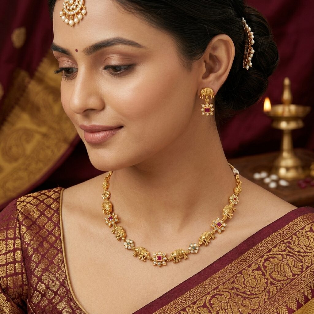 Majestic Antique Gold-Plated Elephant Motif Necklace Set