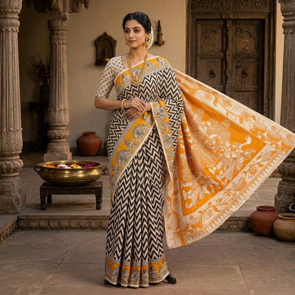 Majestic Hand-Block Printed Kalamkari Silk Saree with Rich Pallu