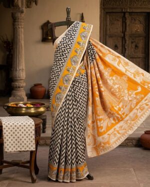 Majestic Hand-Block Printed Kalamkari Saree with Rich Pallu