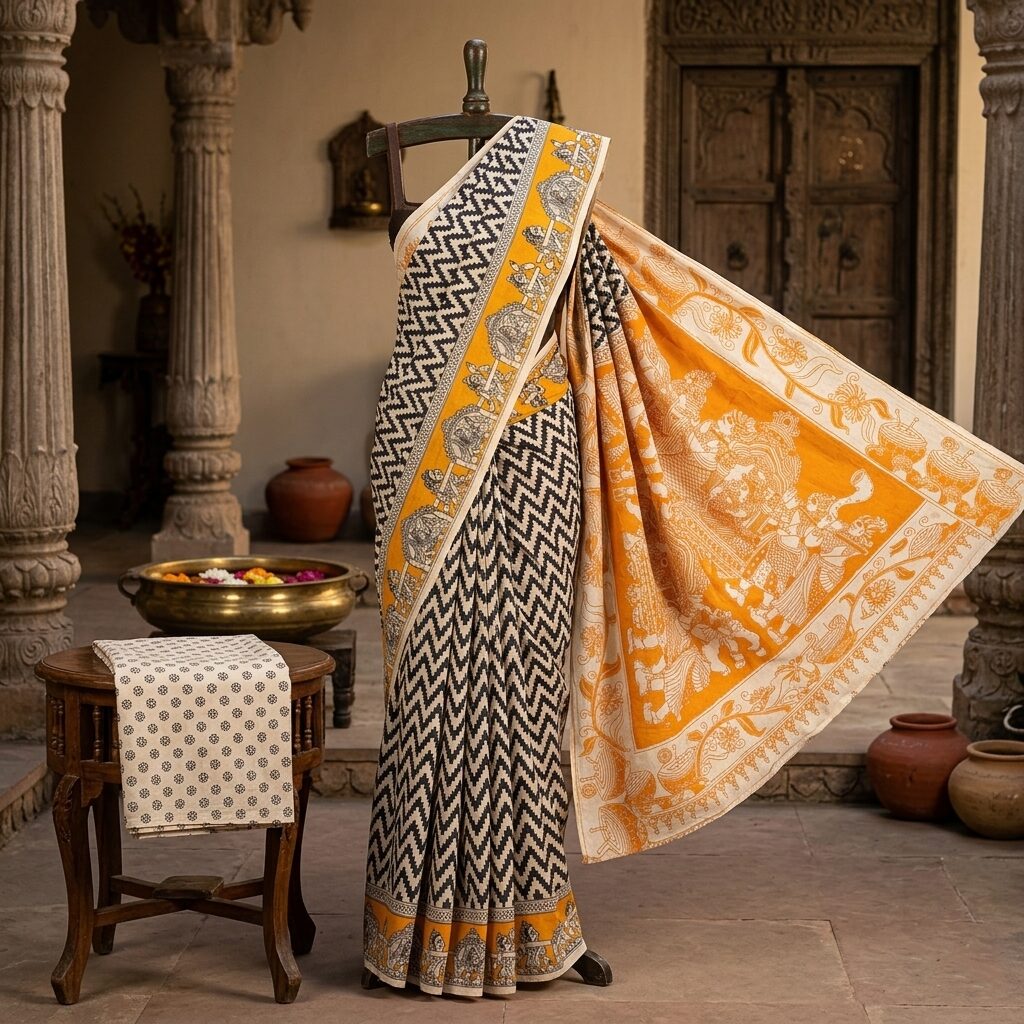Majestic Hand-Block Printed Kalamkari Saree with Rich Pallu