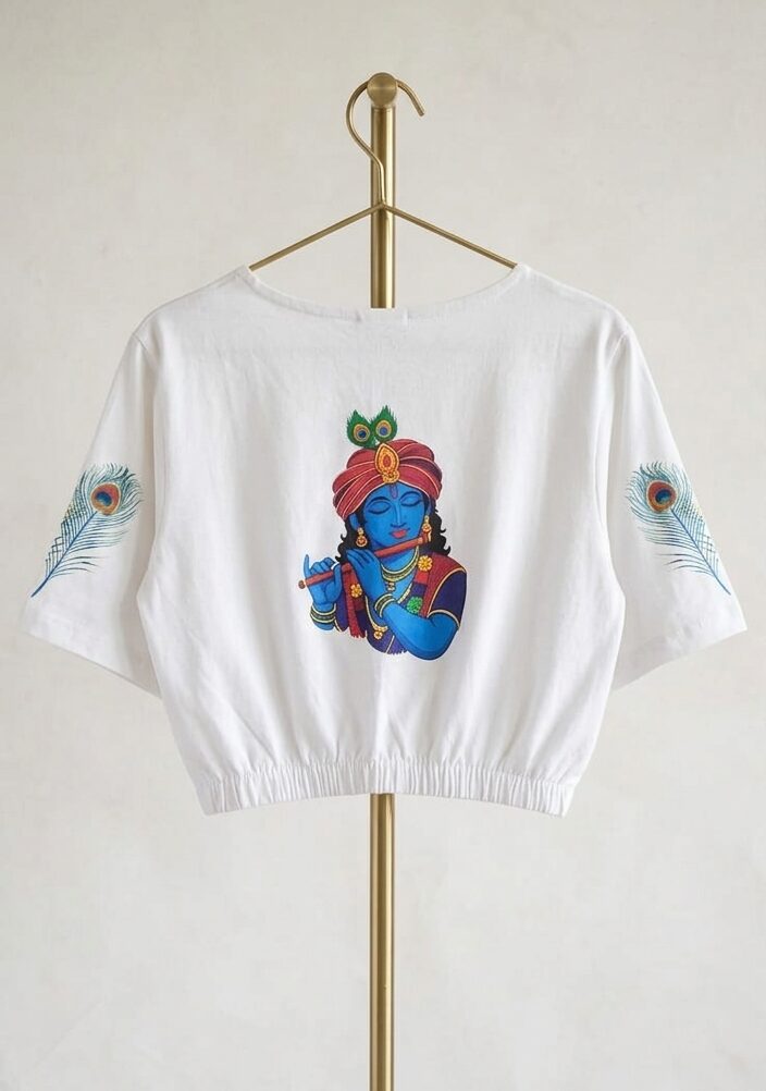The back of the blouse features a vibrant, artistic print of Lord Krishna playing the flute, flanked by delicate peacock feather designs on the sleeves.