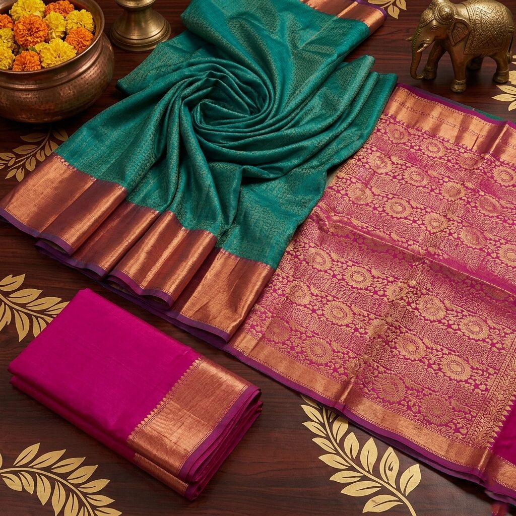 Premium Teal Brocade Saree